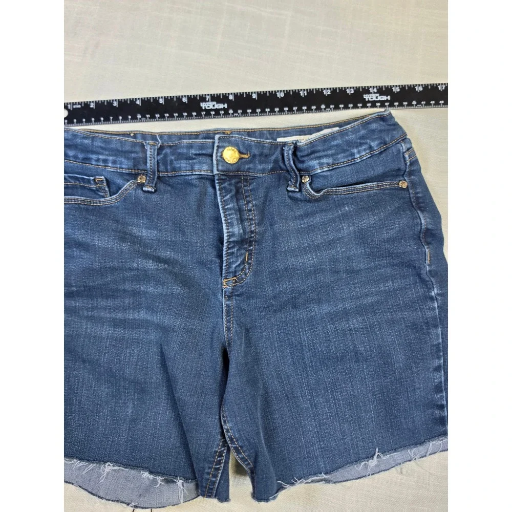 Anne Klein Bermuda Denim Shorts Dark Wash Raw Hem Stretch Size 10